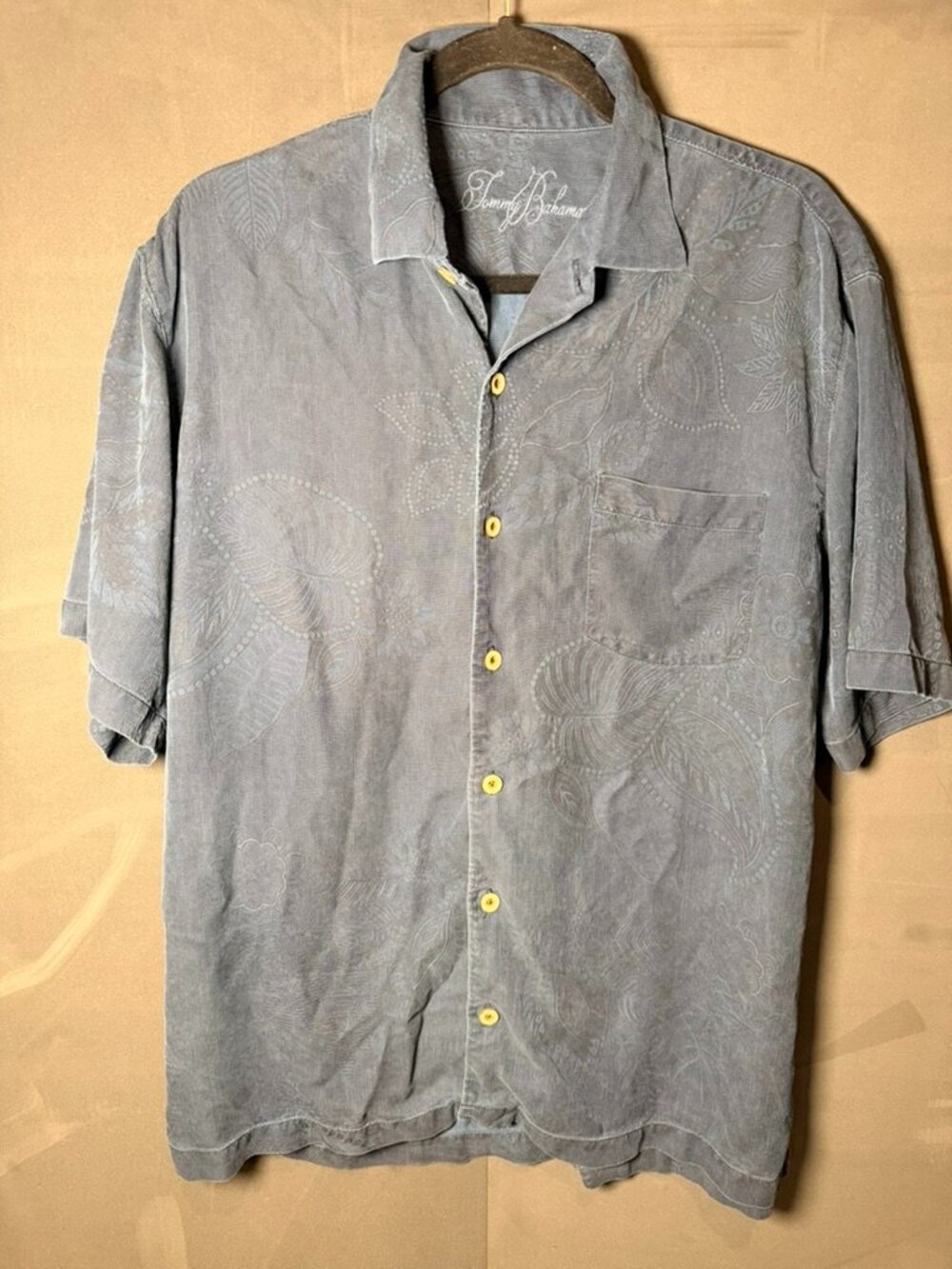 Vintage Tommy Bahama Hawaiian Mens L Gray 100% Silk Pocket Buttons Aloha Shirt